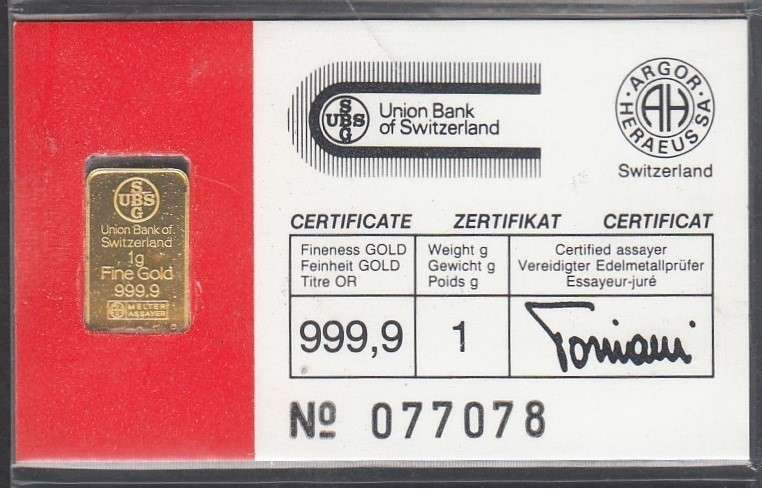 1 Gram GOLD (999.99) Union Bank of Switzerland