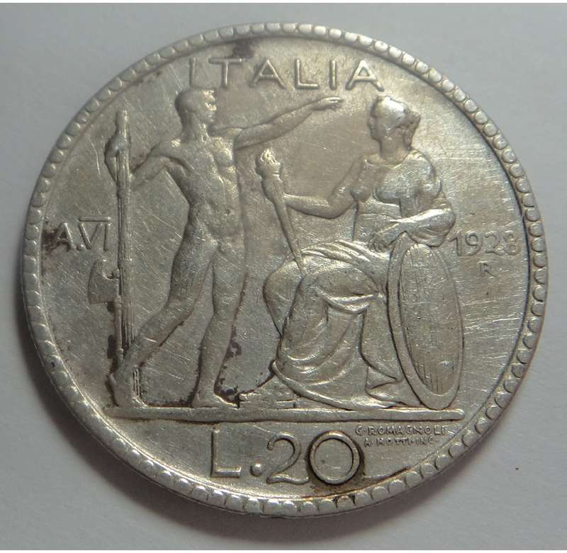 Italy: Silver 20 Lira of 1928 (High catalogue value)