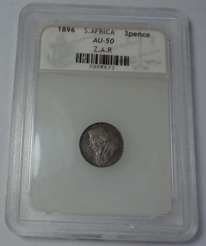 Paul Kruger ZAR 3-Pence 1896: SACGS AU 50