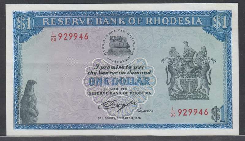 Rhodesia: High Grade 1-Dollar (Salisbury 1 March 1976) 2 available