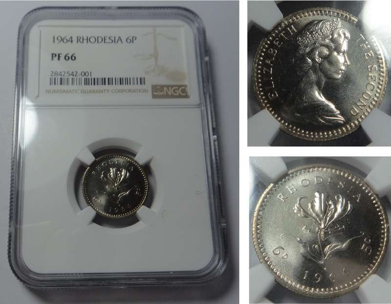 Rhodesia Proof Sixpence 1964: NGC PF 66