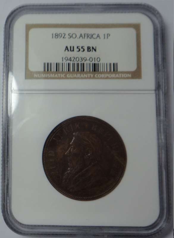 Paul Kruger ZAR: Penny of 1892: NGC AU55 BN
