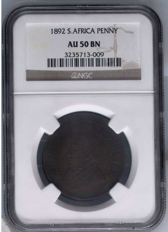 Paul Kruger ZAR Penny 1892: NGC AU50 BN