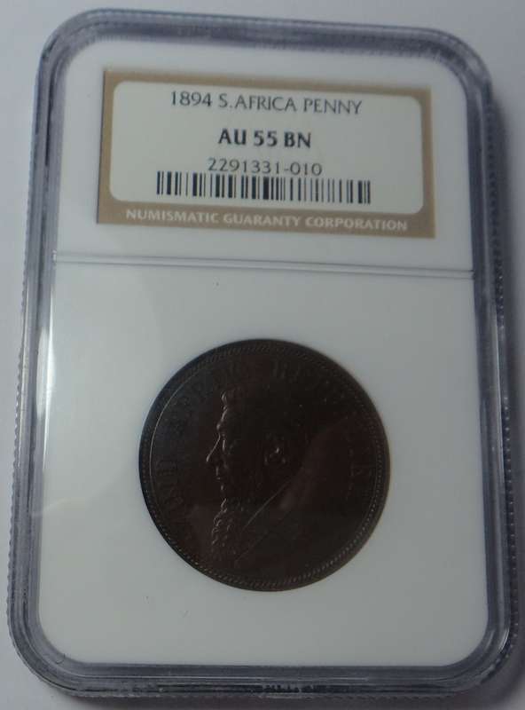 Paul Kruger ZAR Penny 1894: NGC AU55 BN