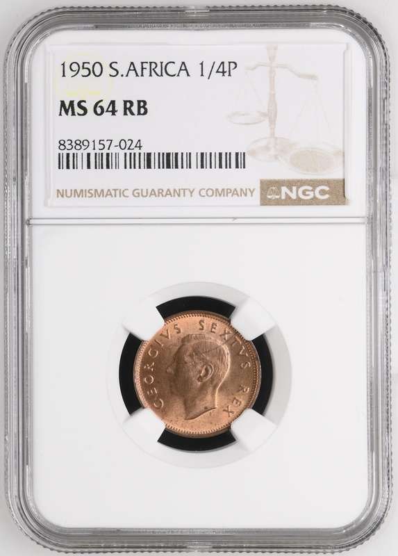 Union of SA:  ¼ Penny 1950 NGC MS64 RB