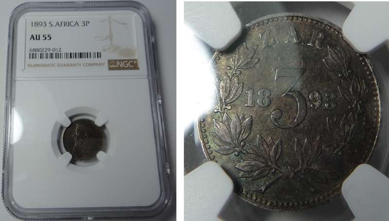 Paul Kruger ZAR 3-Pence 1893: NGC AU 55