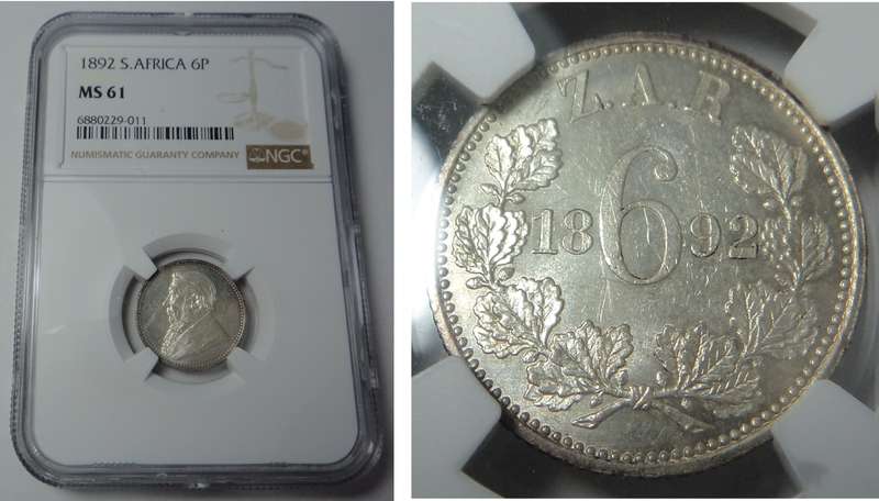 Paul Kruger ZAR 6-Pence 1892: NGC MS 61