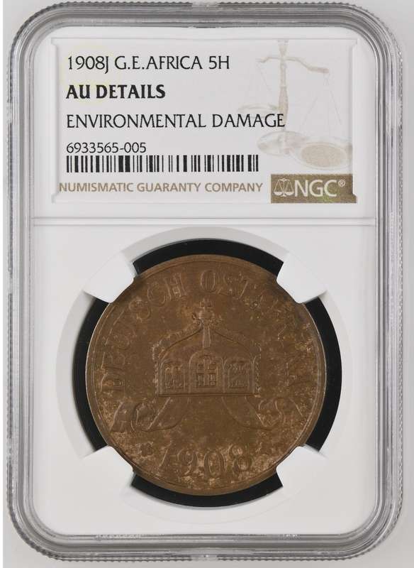 German East Africa: 5-Heller 1908J, NGC AU details