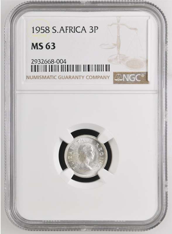 Union of SA 3-Pence 1958, NGC MS63 (2 available)