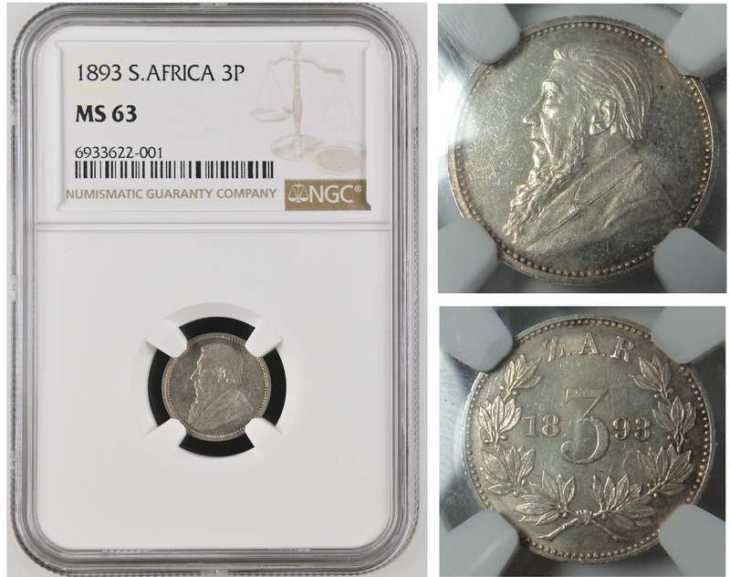 Paul Kruger ZAR 3-Pence 1893, NGC MS63