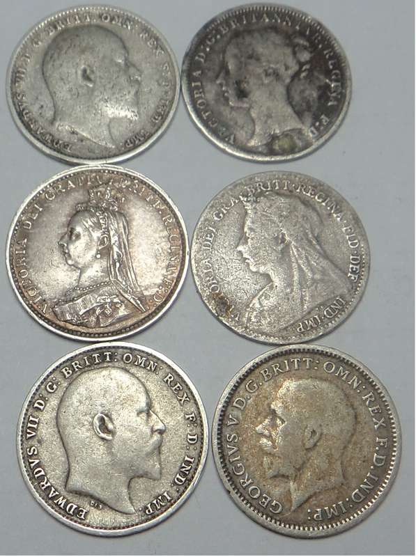 Great Britain: Six Silver 3-Pences (Victoria to George V)