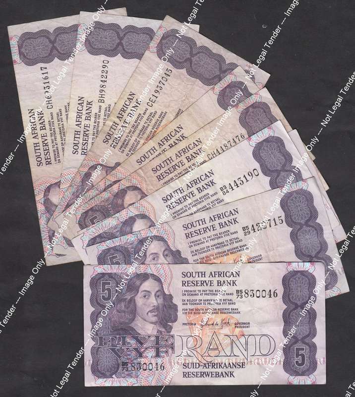 Collection of 9 old  Jan van Riebeeck R5 Bank Notes
