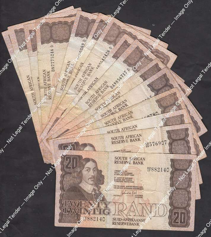 Collection of 15 old Jan van Riebeeck R20 Bank Notes