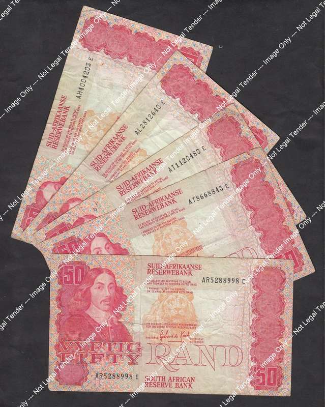 Collection of 5 old Jan van Riebeeck R50 Bank Notes