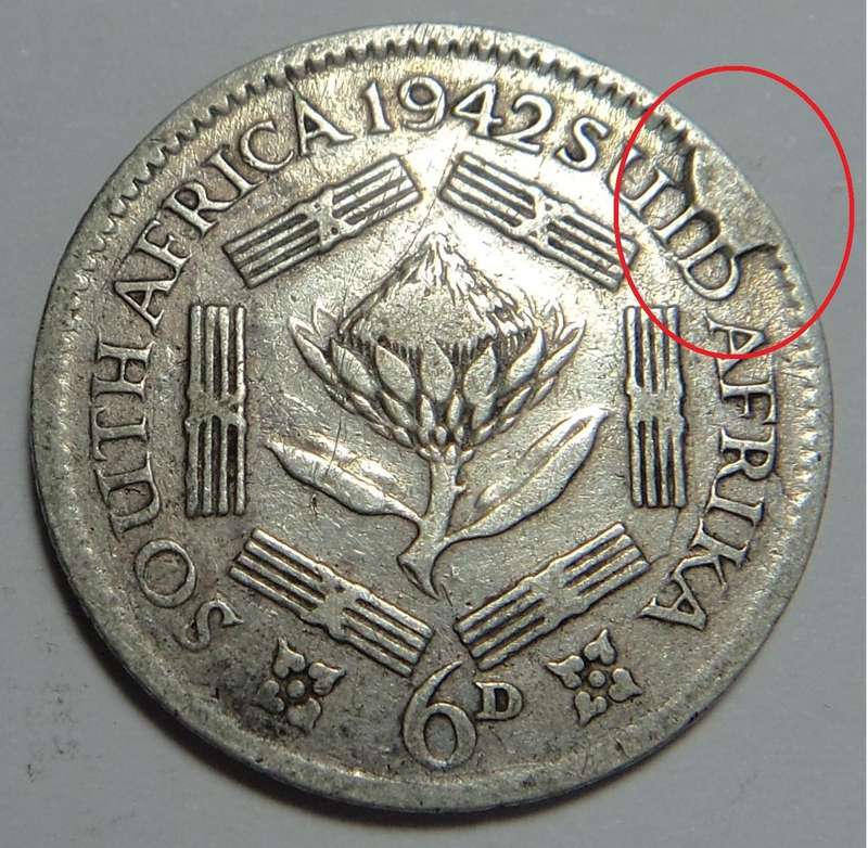 ERROR (Cud) 1942 Union of South Africa Sixpence