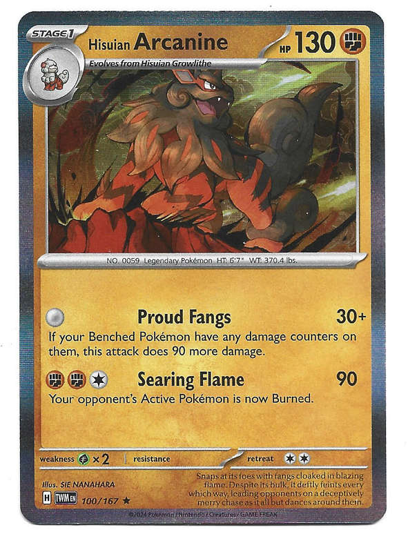 HISUIAN ARCANINE - HOLO RARE  100/167  POKEMON TCG TWILIGHT MASQUERADE TRADING CARD