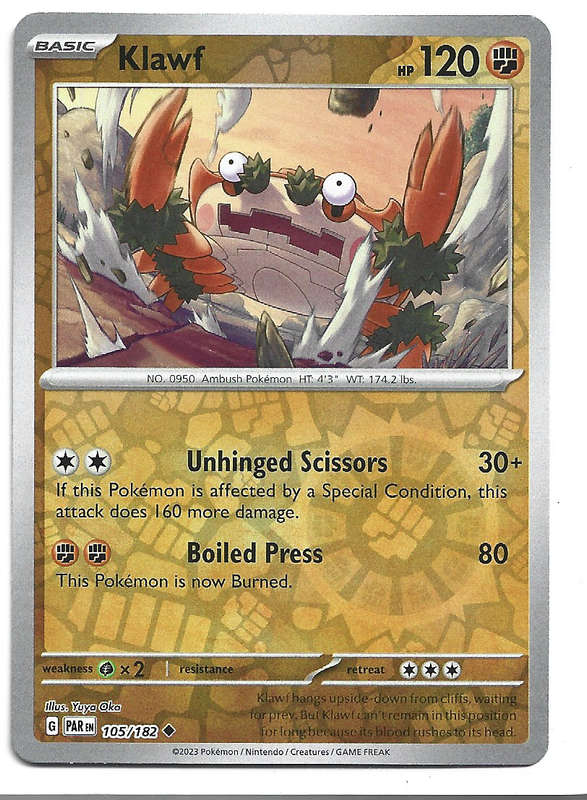 KLAWF  -   REVERSE HOLO POKEMON PARADOX RIFT   105/182 TRADING CARD