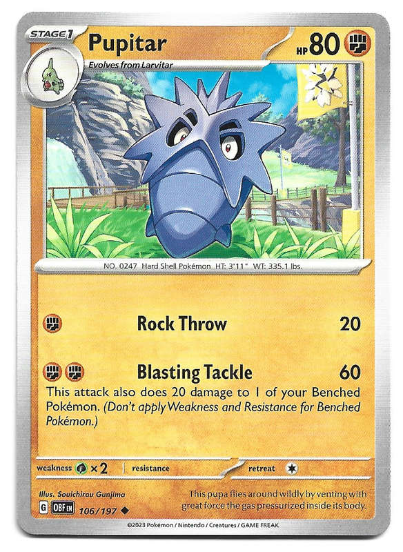 PUPITAR -  COMMON  106/197  POKEMON TCG OBSIDIAN FLAMES TRADING CARD