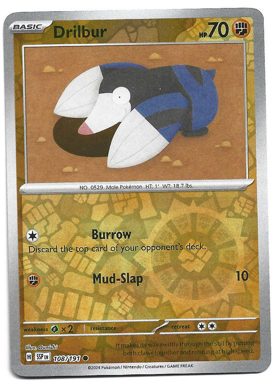 DRILBUR  - POKEMON TCG SURGING SPARKS  REVERSE HOLO  108/191 TRADING CARD