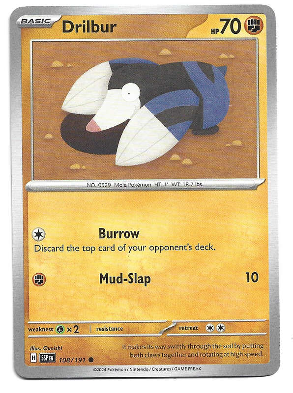 DRILBUR  - COMMON  108/191 POKEMON TCG SURGING SPARKS TRADING CARD