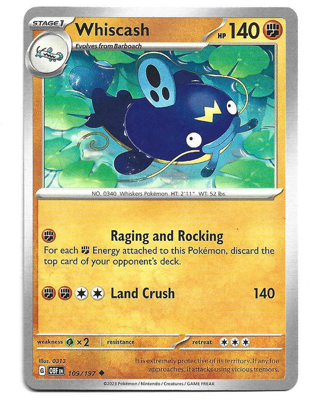 WHISCASH -  COMMON  109/197  POKEMON TCG OBSIDIAN FLAMES TRADING CARD