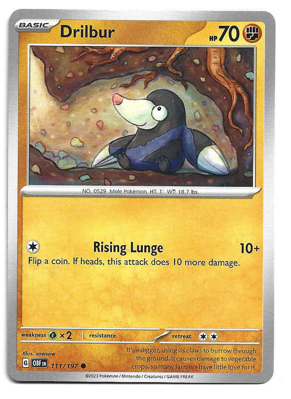 DRILBUR -  COMMON  111/197 POKEMON TCG OBSIDIAN FLAMES  TRADING CARD