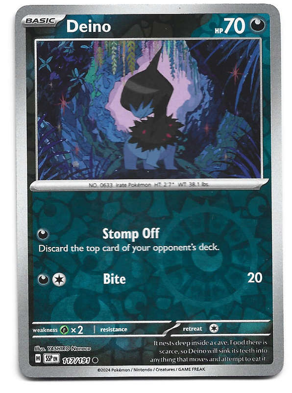 DEINO  -  REVERSE HOLO 117/191 POKEMON TCG SURGING SPARKS TRADING CARD