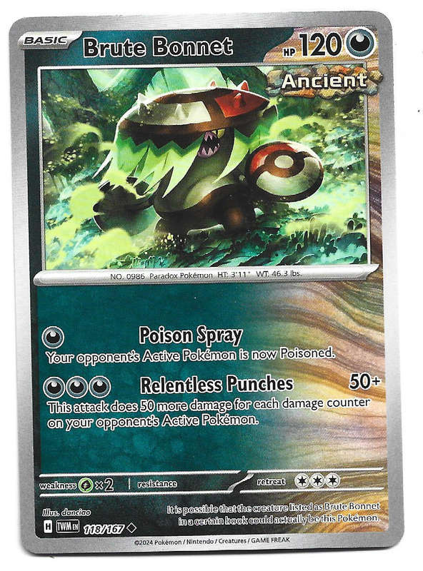 BRUTE BONNET - COMMON  118/167  POKEMON TCG TWILIGHT MASQUERADE TRADING CARD