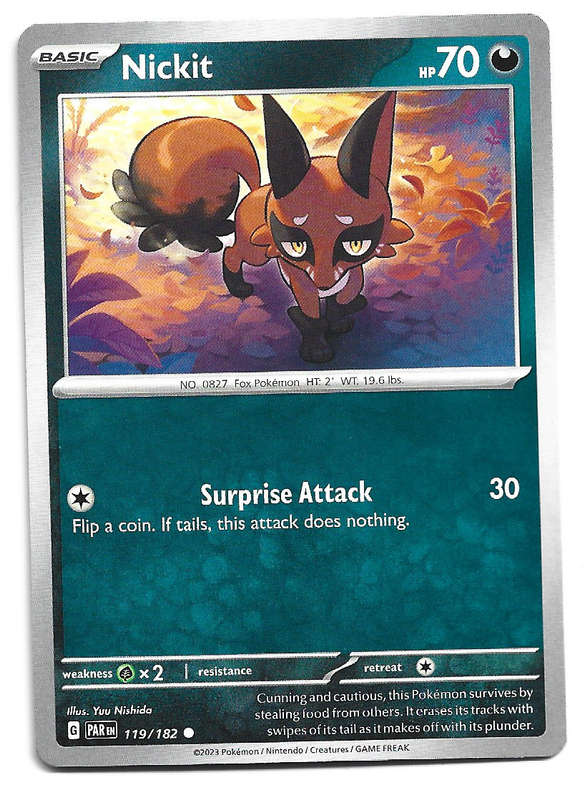NICKIT  -  POKEMON PARADOX RIFT COMMON  119/182 TRADING CARD