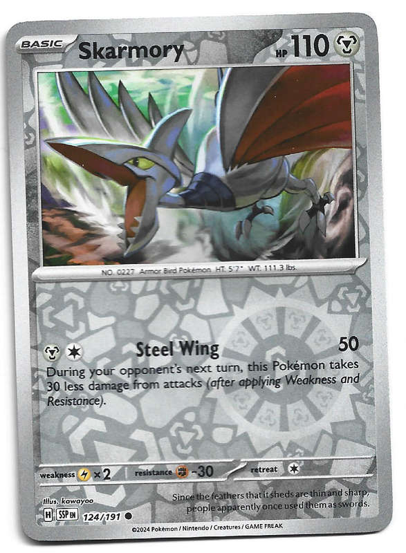 SKARMORY -  REVERSE HOLO 124/191 POKEMON TCG SURGING SPARKS TRADING CARD