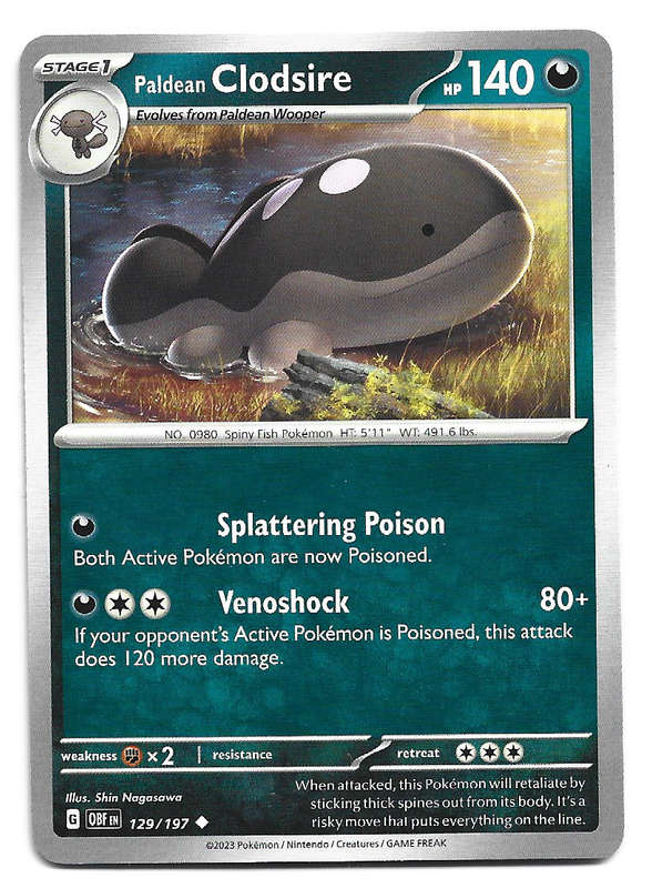 POKEMON CARD - CLODSIRE  129/197 COMMON OBSIDIAN FLAMES 2023 - MINT
