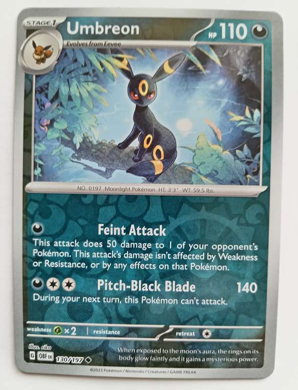 UMBREON -  130/197  REVERSE HOLO POKEMON OBSIDIAN FLAMES TRADING CARD - NM