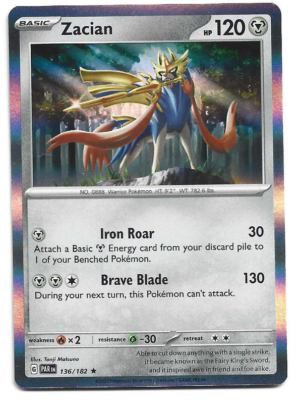ZACIAN -   HOLO RARE POKEMON PARADOX RIFT  136/182 TRADING CARD
