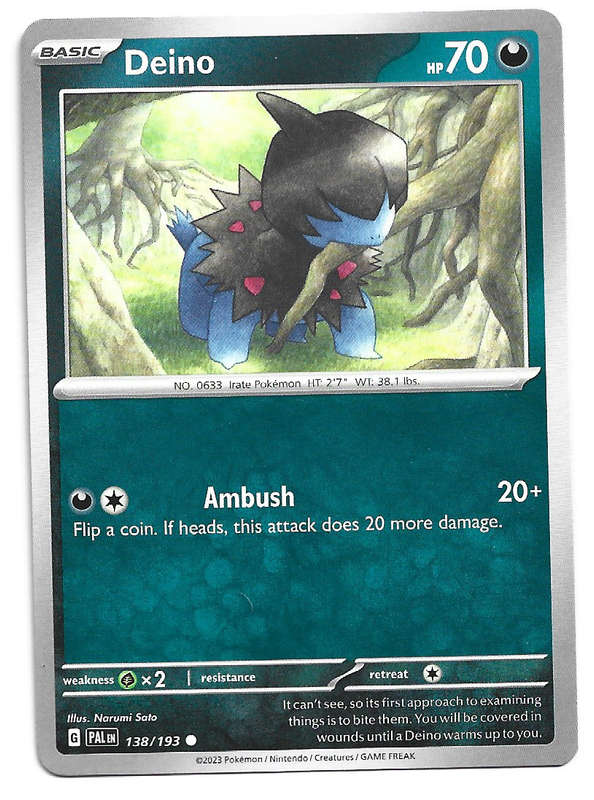 POKEMON CARD - DEINO  138/193 COMMON PALDEA EVOLVED 2023 TRADING CARD - MINT