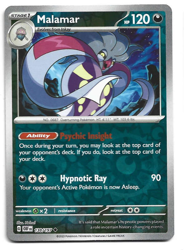 MALAMAR - REVERSE HOLO  138/197  POKEMON TCG OBSIDIAN FLAMES TRADING CARD