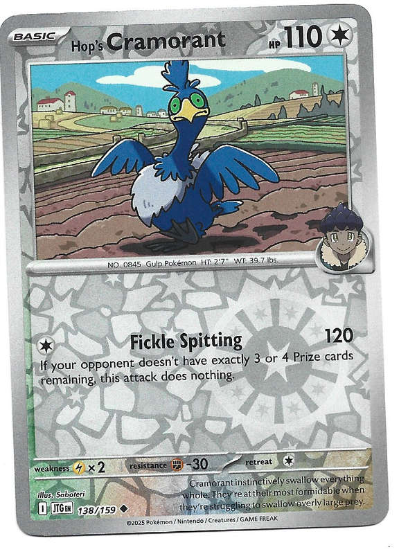 HOP's CRAMORANT - REVERSE HOLO  128/159 POKEMON TCG JOURNEY TOGETHER TRADING CARD