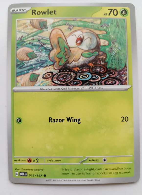 POKEMON CARD - ROWLET  13/197 COMMON OBSIDIAN FLAMES 2023 - MINT