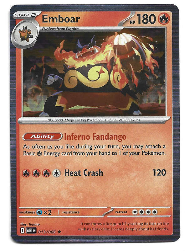 EMBOAR - HOLO RARE  13/86 POKEMON TCG WHITE FLARE TRADING CARD
