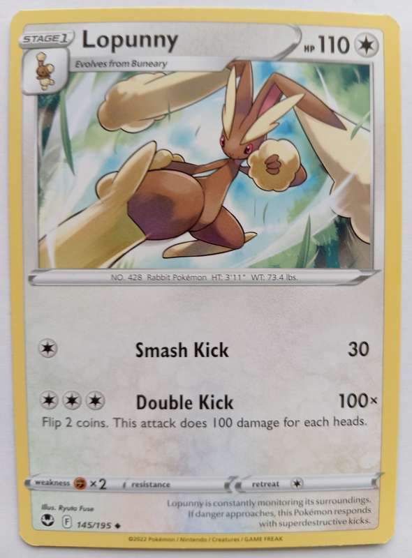 POKEMON CARD -  LOPUNNY  145/195 SILVER TEMPEST COMMON CARD - MINT
