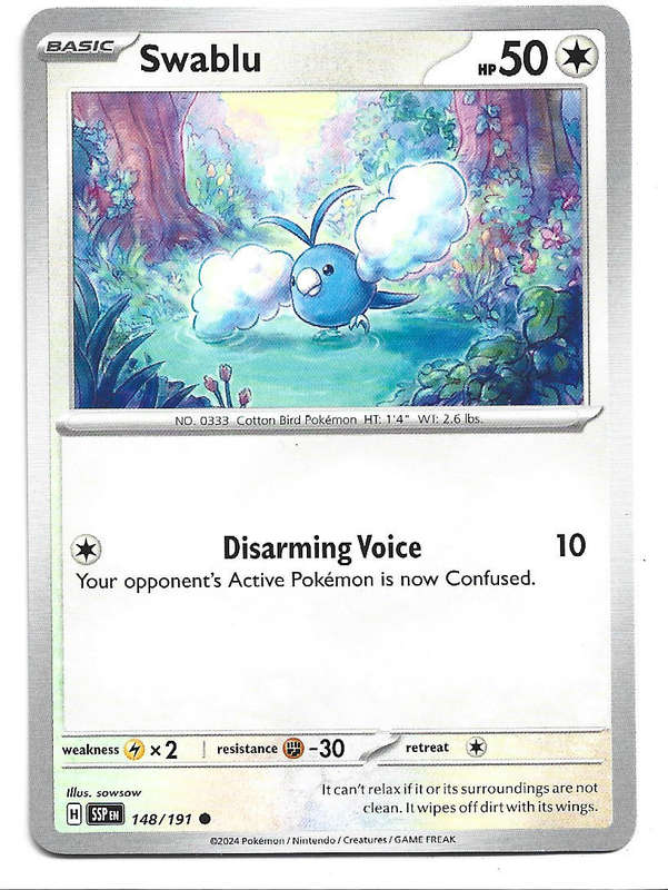 SWABLU -  COMMON  148/191 POKEMON TCG SURGING SPARKS TRADING CARD