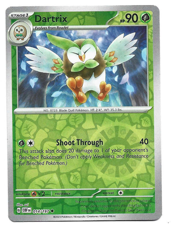 DARTRIX - REVERSE HOLO  14/197 POKEMON TCG OBSIDIAN FLAMES TRADING CARD