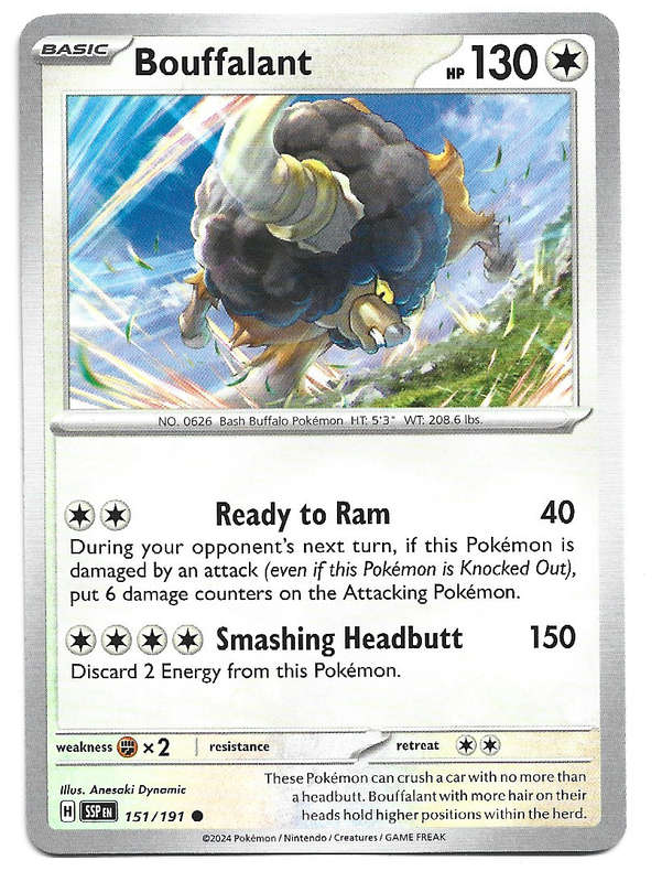 BOUFFALANT  - POKEMON TCG SURGING SPARKS  COMMON   151/191 TRADING CARD