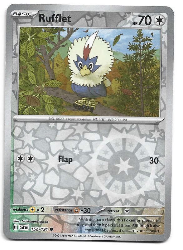 RUFFLET -  REVERSE HOLO 152/191 POKEMON TCG SURGING SPARKS TRADING CARD