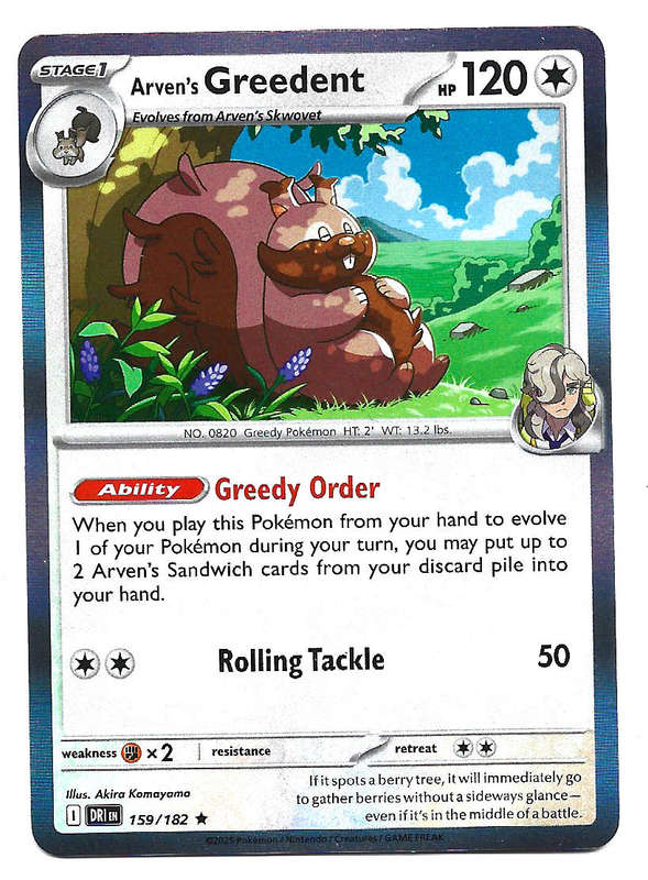 ARVEN's GREEDENT - HOLO RARE 159/182  POKEMON TCG DESTINED RIVALS TRADING CARD