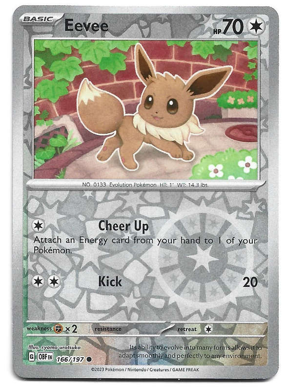EEVEE -  REVERSE HOLO  166/197  POKEMON TCG OBSIDIAN FLAMES TRADING CARD