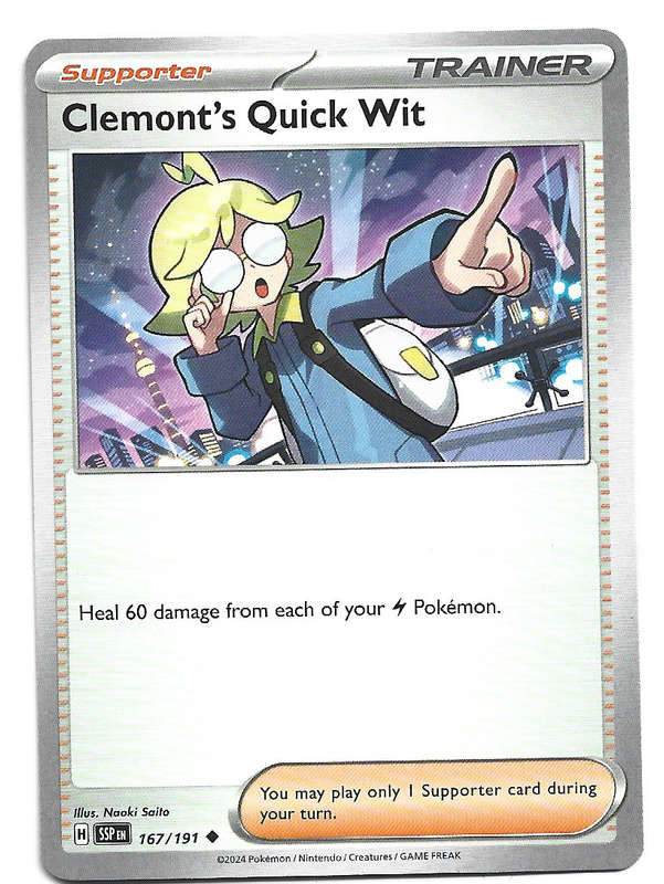 CLEMONT'S QUICK WIT  - POKEMON TCG SURGING SPARKS  COMMON   167/191 TRADING CARD