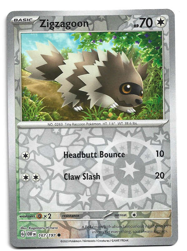 ZIGZAGOON - REVERSE HOLO  167/197  POKEMON TCG OBSIDIAN FLAMES TRADING CARD
