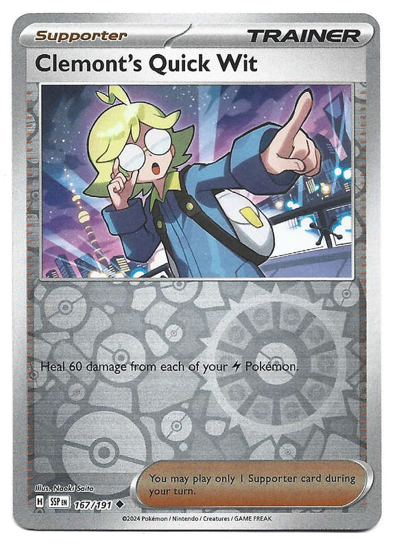 CLEMONT'S QUICK WIT - REVERSE HOLO POKEMON TCG SURGING SPARKS  167/191 TRADING CARD