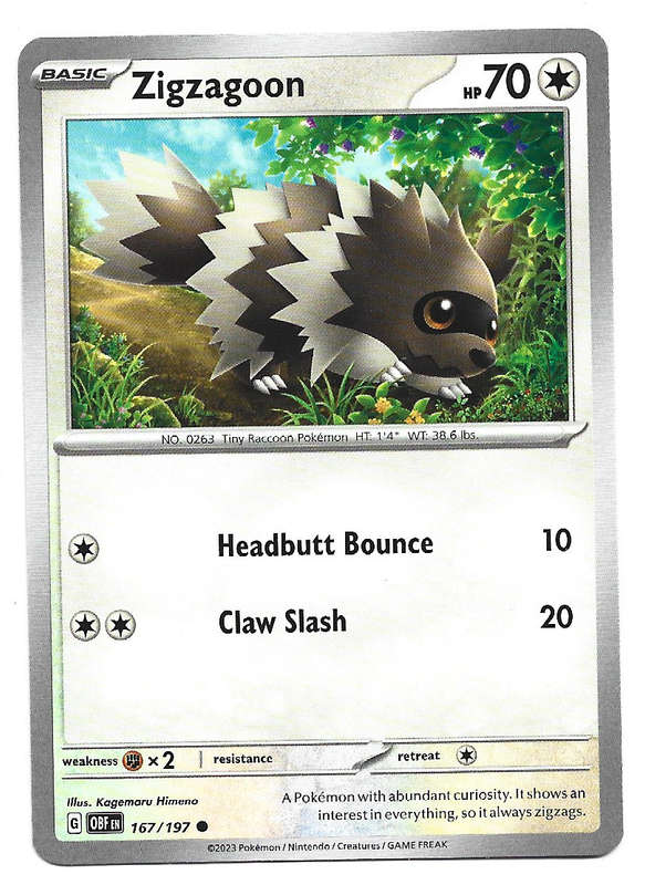 ZIGZAGOON -   POKEMON TCG OBSIDIAN FLAMES COMMON  167/197 TRADING CARD