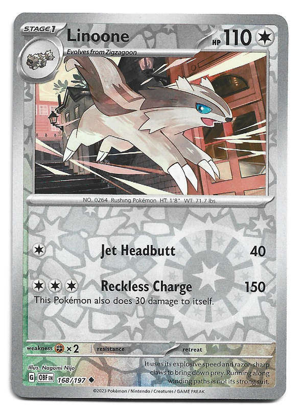 LINOONE - REVERSE HOLO  168/197  POKEMON TCG OBSIDIAN FLAMES TRADING CARD